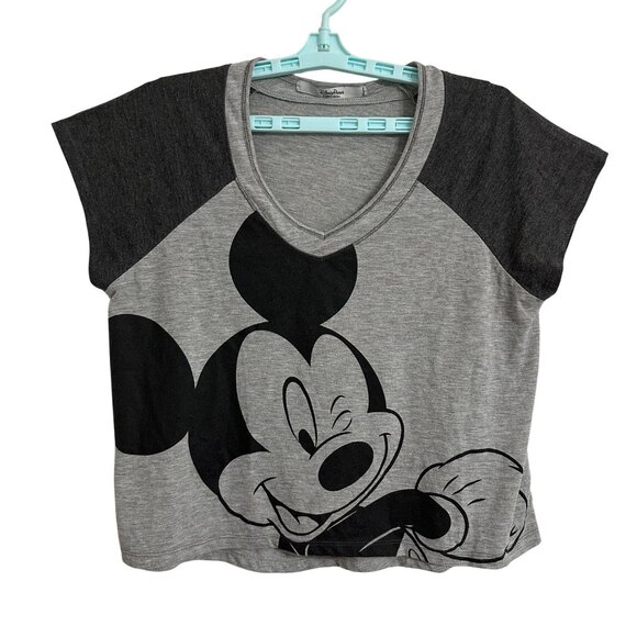 Disney Parks Mickey Mouse Womens M Gray & Black V-Neck Graphic Cropped T-Shirt - Picture 1 of 5